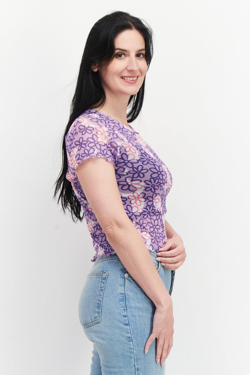 Misfit Women Crew Neck Short Sleeves Printed Top, Lilac Combo - Image 2